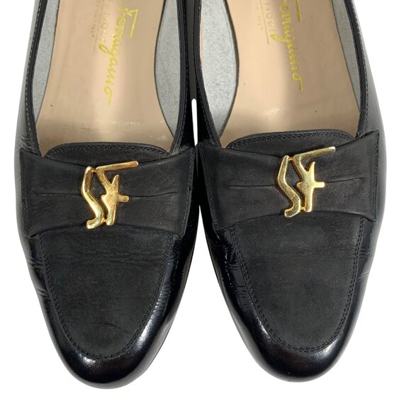 Salvatore Ferragamo Black Patent Leather Suede Loafers Flats Gold Logo SZ 6.5 B - Picture 12 of 12